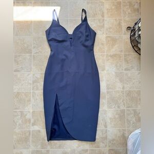 Elizabeth and James Navy Midi Dress with Plunge V-Neck and Front Slit